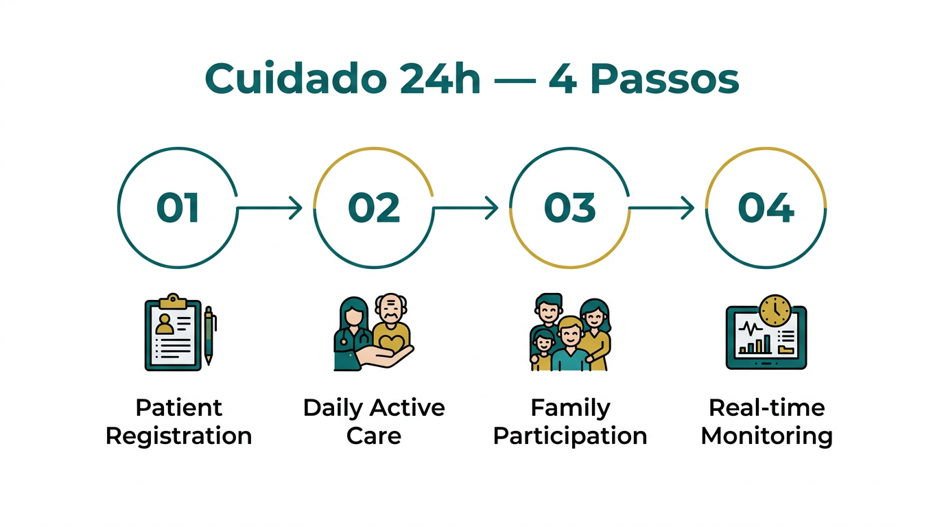 O cuidado da sua clínica, 24h por dia — 4 passos simples